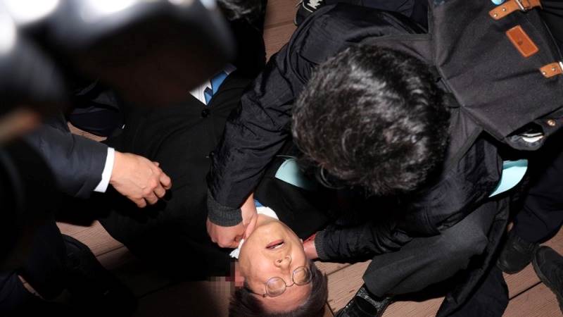 South Korea’s opposition leader stabbed at news conference