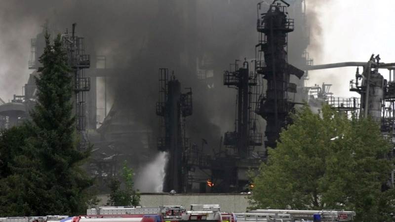 Russian oil refinery plant on fire due to drone attack