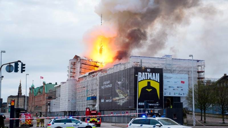 Old stock exchange building in Copenhagen on fire